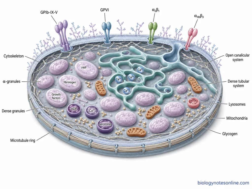 Platelets - Structure, Formation, Functions and Role in Blood Clotting 2 Cutaway diagram of a resting platelet showing the plasma membrane, glycocalyx, receptors, open canalicular system, dense tubular system, cytoskeleton, alpha granules, dense granules, lysosomes and mitochondria.
