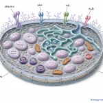 Cutaway diagram of a resting platelet showing the plasma membrane, glycocalyx, receptors, open canalicular system, dense tubular system, cytoskeleton, alpha granules, dense granules, lysosomes and mitochondria.