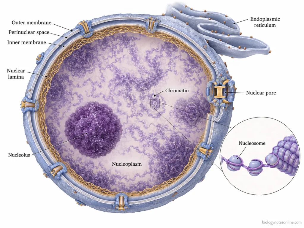 Cutaway diagram of a eukaryotic nucleus showing the double nuclear envelope, nuclear pores, lamina, nucleoplasm, chromatin, nucleolus, nucleosomes, and continuity with the endoplasmic reticulum.