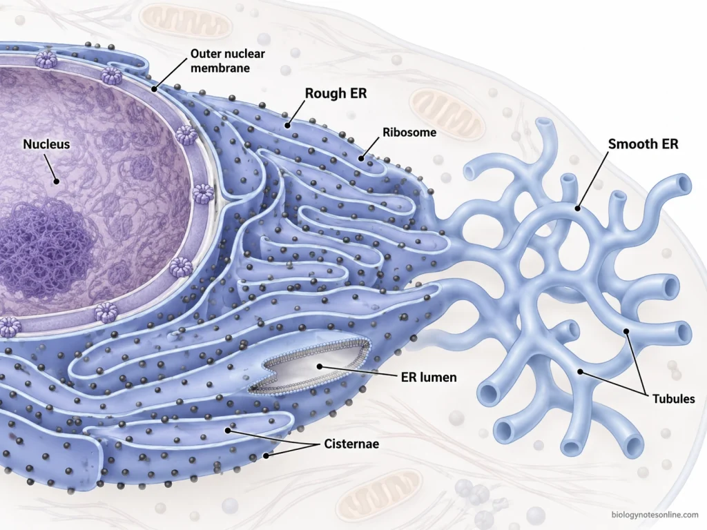 Continuous endoplasmic reticulum network showing rough ER sheets with ribosomes, smooth ER tubules, the ER lumen, and continuity with the outer nuclear membrane.