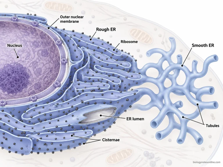Continuous endoplasmic reticulum network showing rough ER sheets with ribosomes, smooth ER tubules, the ER lumen, and continuity with the outer nuclear membrane.