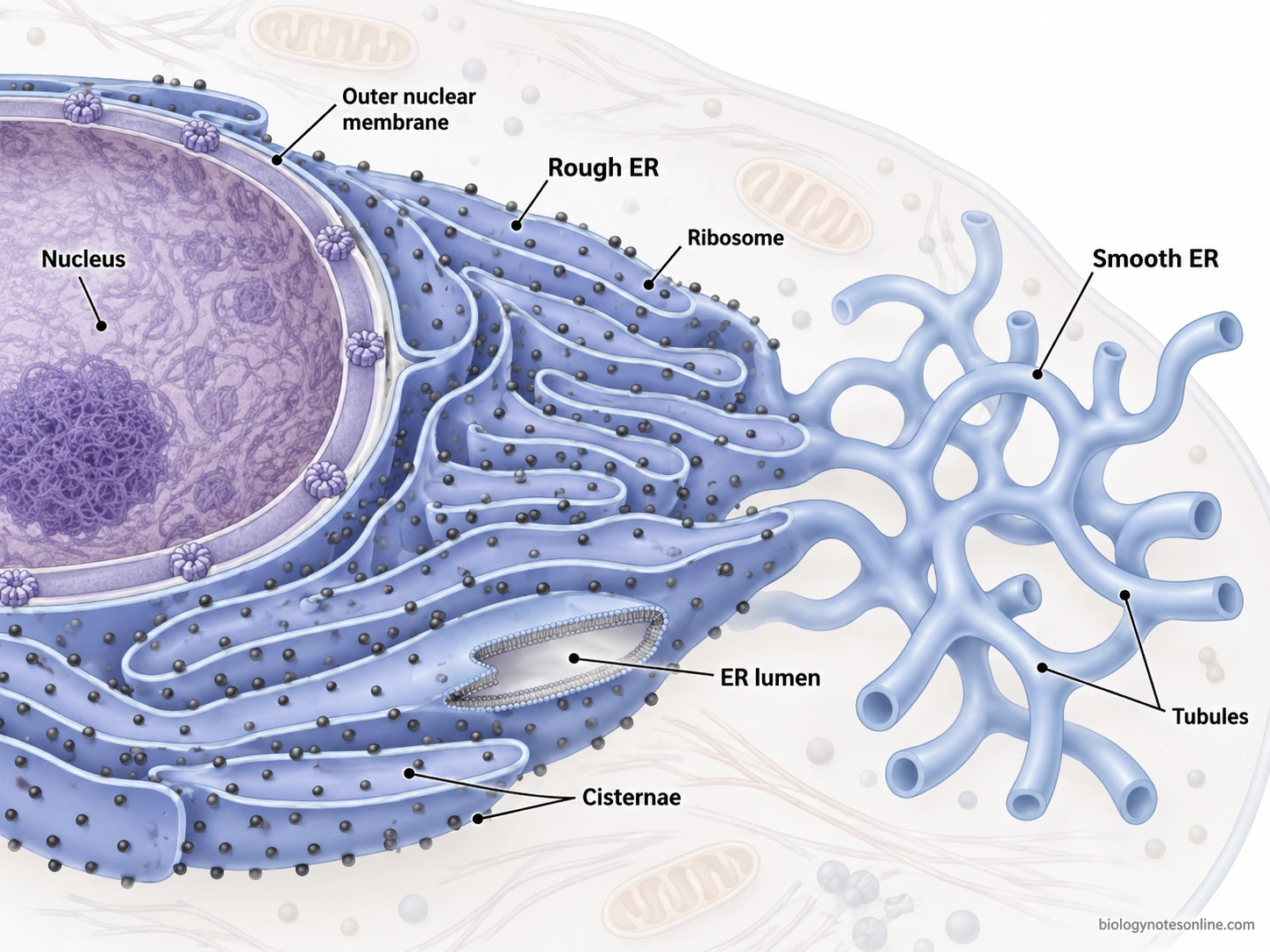 Continuous endoplasmic reticulum network showing rough ER sheets with ribosomes, smooth ER tubules, the ER lumen, and continuity with the outer nuclear membrane.