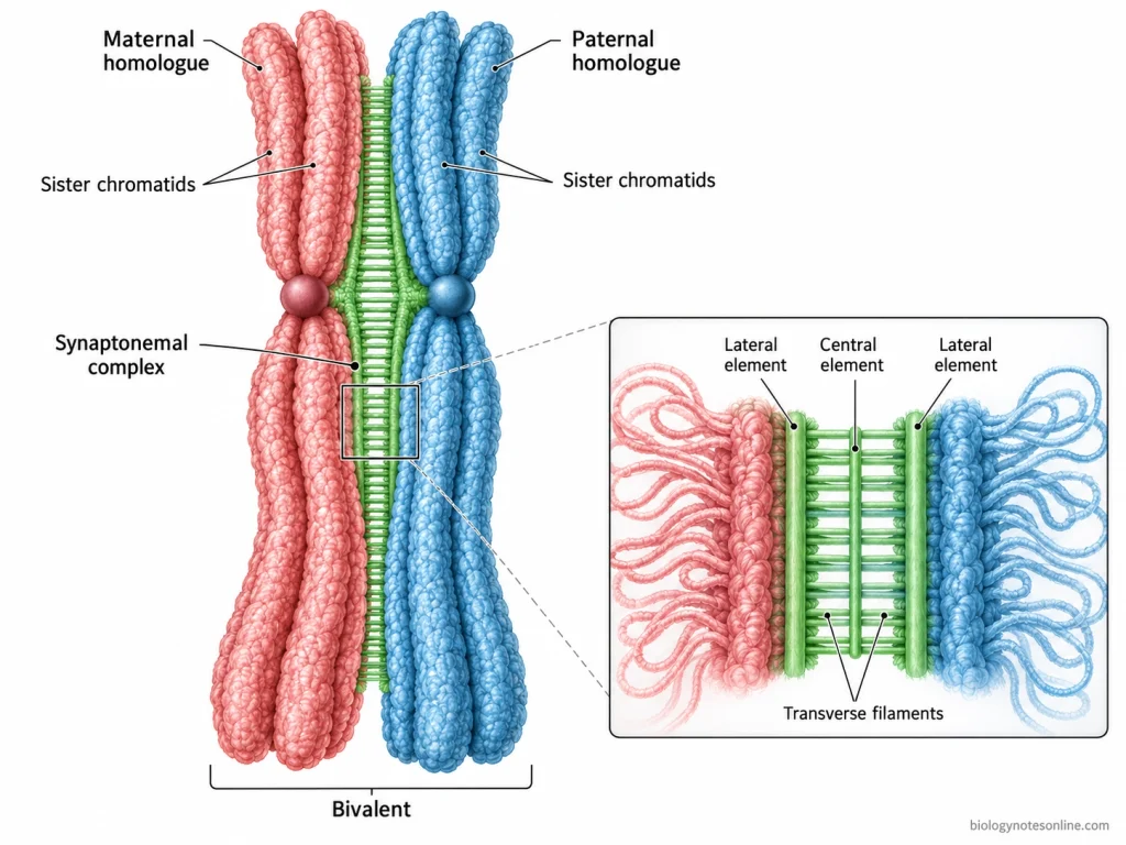 Two replicated homologous chromosomes form a tetrad during synapsis, with an enlarged view showing the synaptonemal complex and its structural elements.