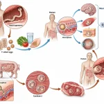 Taenia solium life cycle showing human intestinal taeniasis from pork cysticerci and tissue cysticercosis after ingestion of tapeworm eggs.