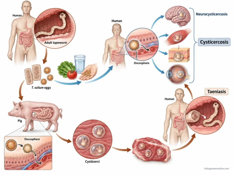 Taenia solium life cycle showing human intestinal taeniasis from pork cysticerci and tissue cysticercosis after ingestion of tapeworm eggs.