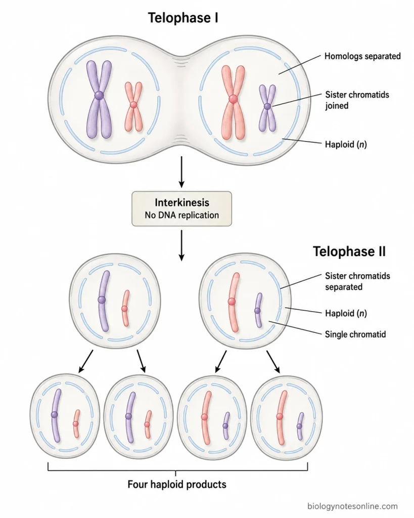 Comparison of telophase I and telophase II showing haploid chromosome sets with joined sister chromatids after meiosis I and single chromatids after meiosis II.