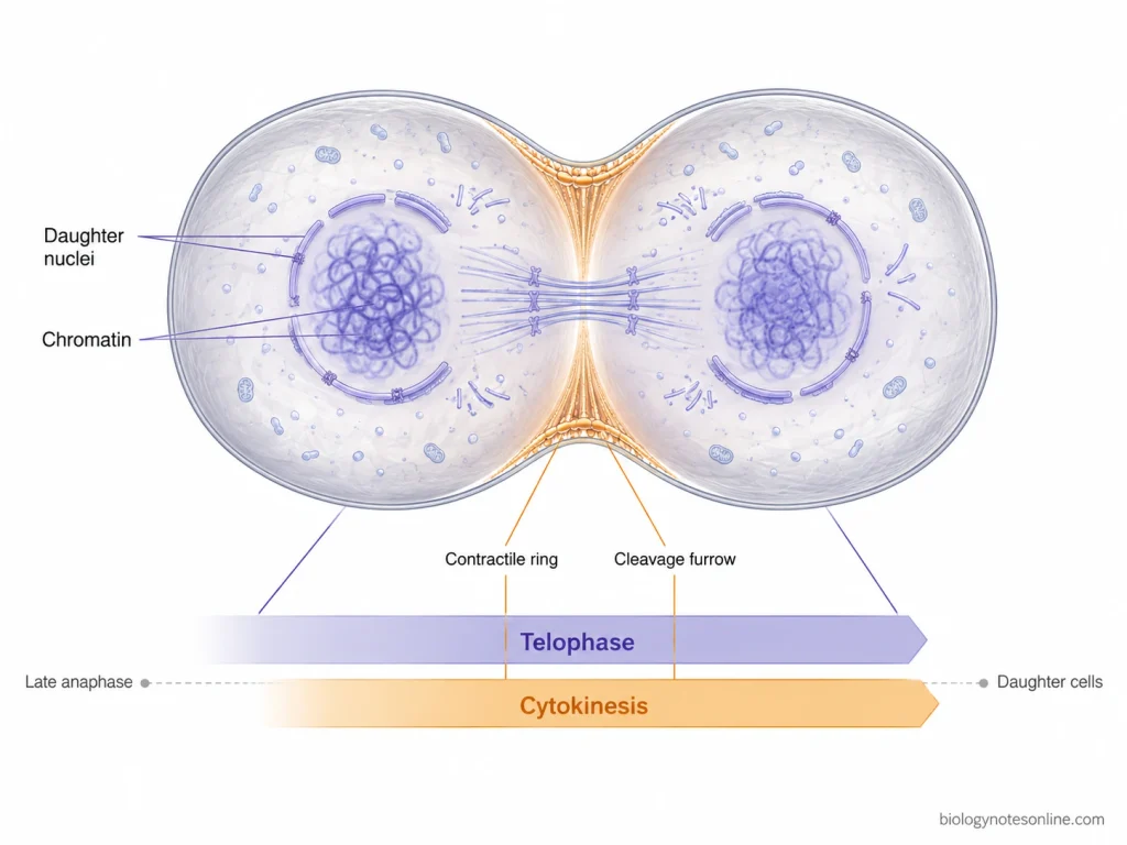 Dividing animal cell showing nuclear reformation during telophase and simultaneous cytoplasmic constriction during cytokinesis, with an overlapping timing diagram.