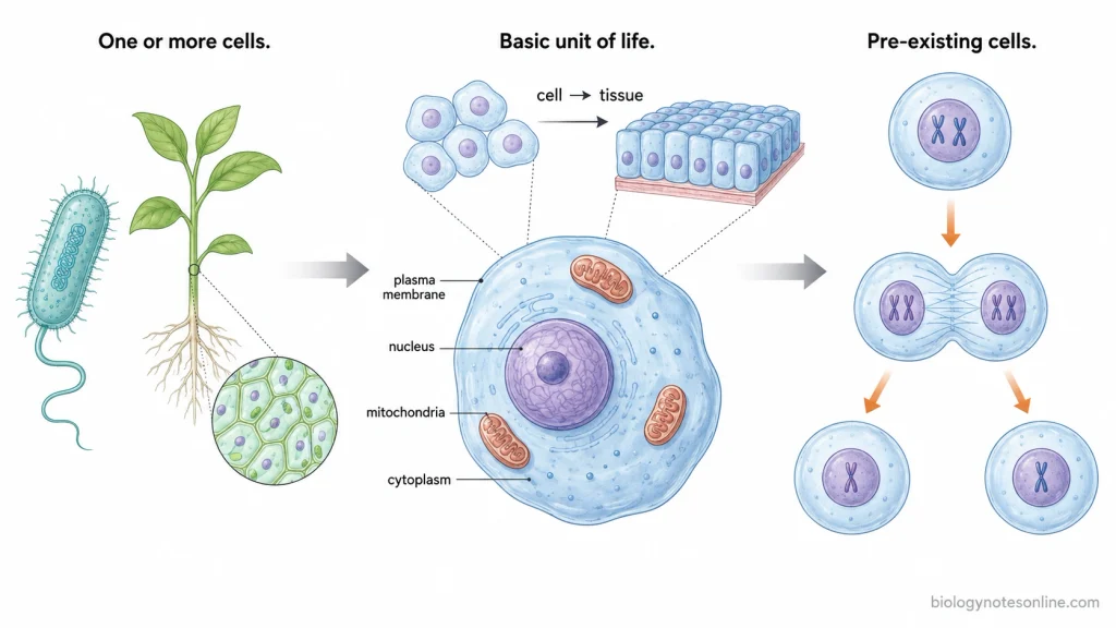 Cell Theory - Definition, 3 Principles, History, and Modern View 1 Integrated diagram showing organisms composed of cells, the cell as the basic unit of life, and a parent cell dividing into daughter cells.