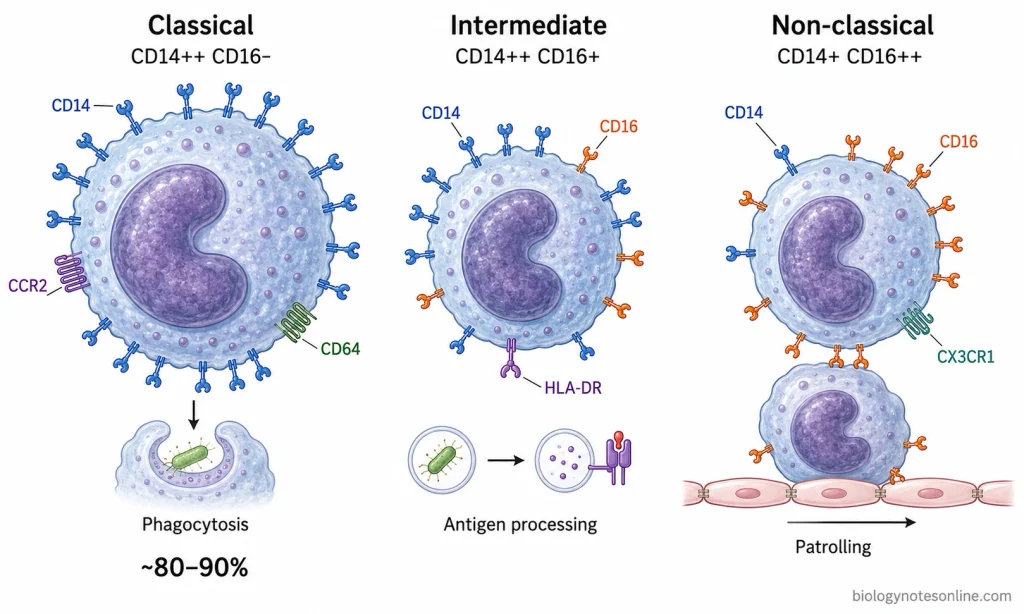 Comparison of classical, intermediate and non-classical human monocytes showing CD14 and CD16 expression with characteristic CCR2, HLA-DR and CX3CR1 features.