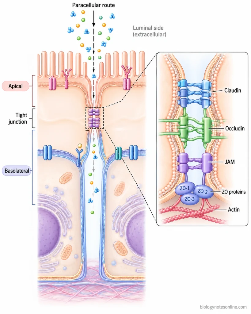 Tight junction between epithelial cells showing claudins, occludin, ZO proteins, actin attachment, regulated paracellular movement, and apical-basolateral polarity.