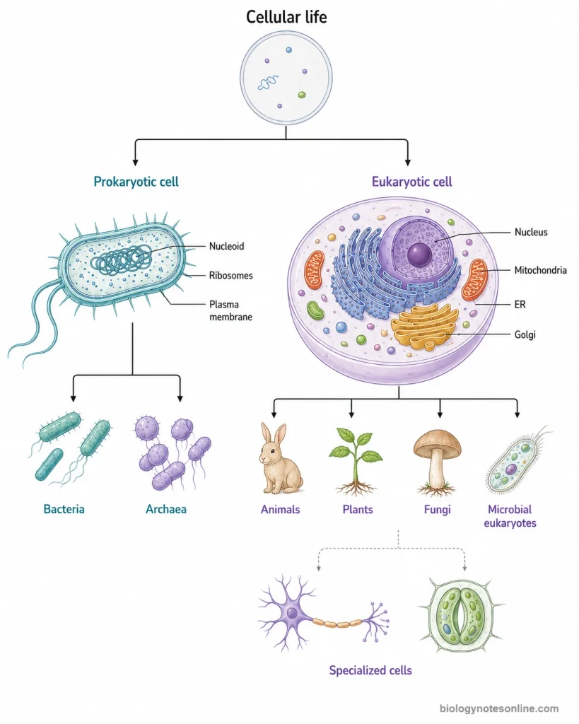 Classification diagram showing prokaryotic cells containing a nucleoid and eukaryotic cells containing a nucleus and membrane-bound organelles, with bacteria, archaea, animals, plants, fungi, and microbial eukaryotes placed under their respective cell types.