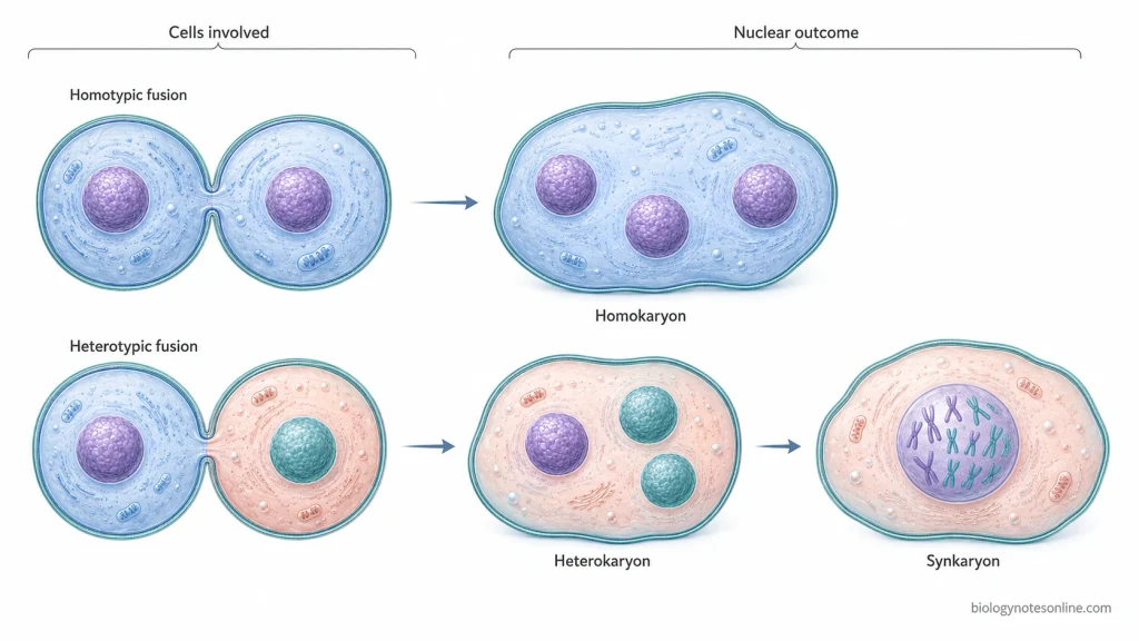 Homotypic and heterotypic cell fusion leading to homokaryon, heterokaryon, and later synkaryon cellular outcomes.