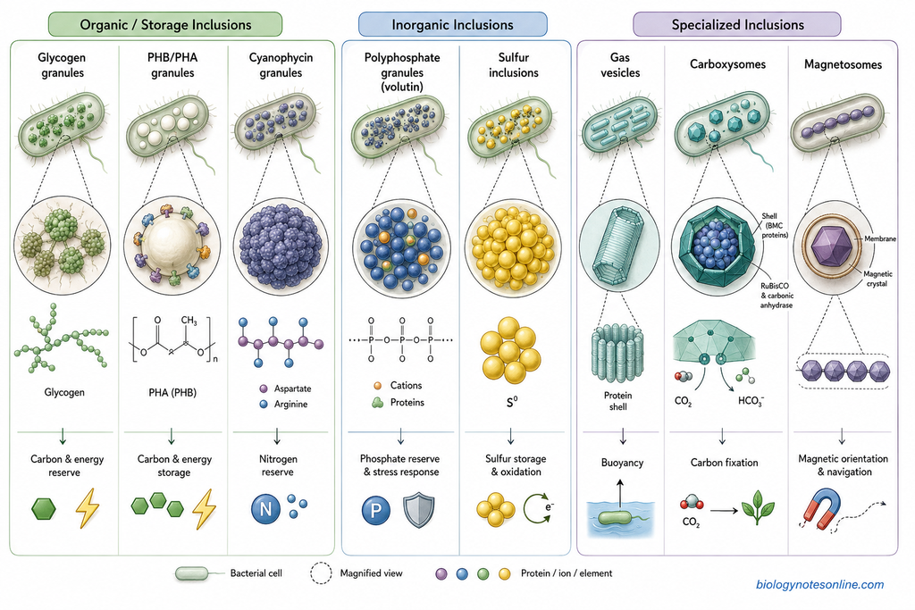 Diagram showing Types and Classification of Inclusion Bodies in Bacteria