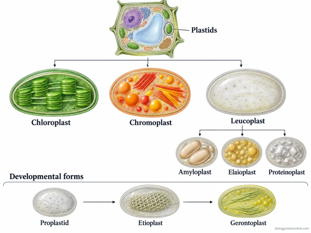 Classification of plastids showing chloroplasts, chromoplasts, leucoplasts and their storage forms, together with proplastids, etioplasts and gerontoplasts.
