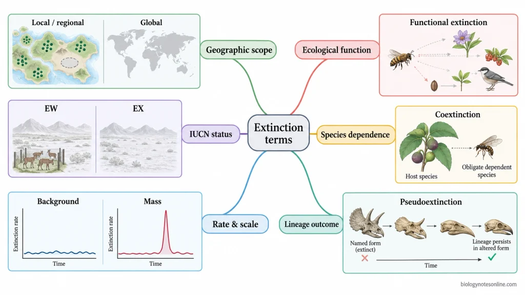 Classification diagram showing extinction terms grouped by geographic scope, IUCN status, ecological function, species dependence, extinction rate, and evolutionary lineage.