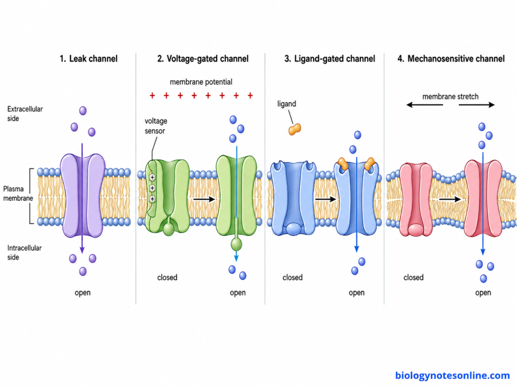 Comparison of leak, voltage-gated, ligand-gated, and mechanically gated membrane channels.