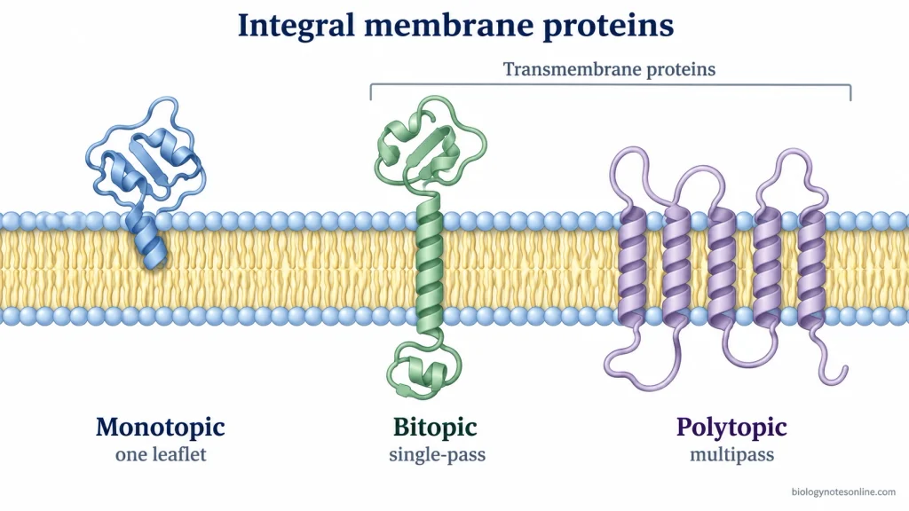 Three integral membrane protein topologies showing a monotopic protein inserted into one leaflet, a bitopic protein crossing once, and a polytopic protein crossing multiple times.