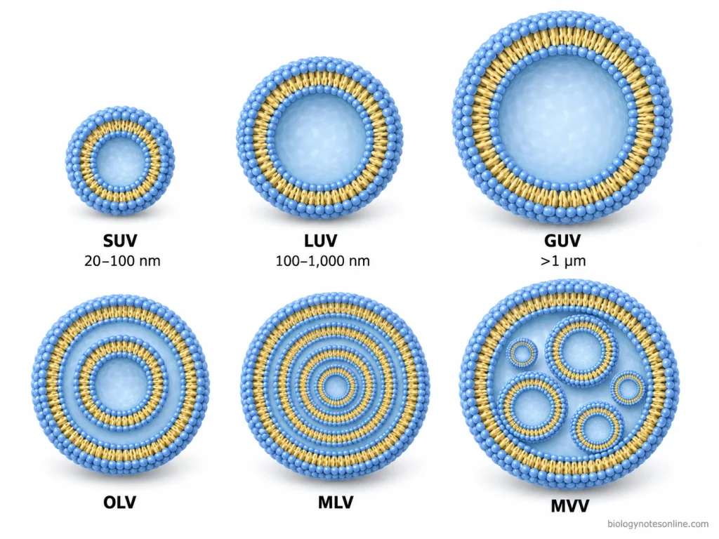 Comparison of small, large and giant unilamellar vesicles with oligolamellar, multilamellar and multivesicular liposomes.