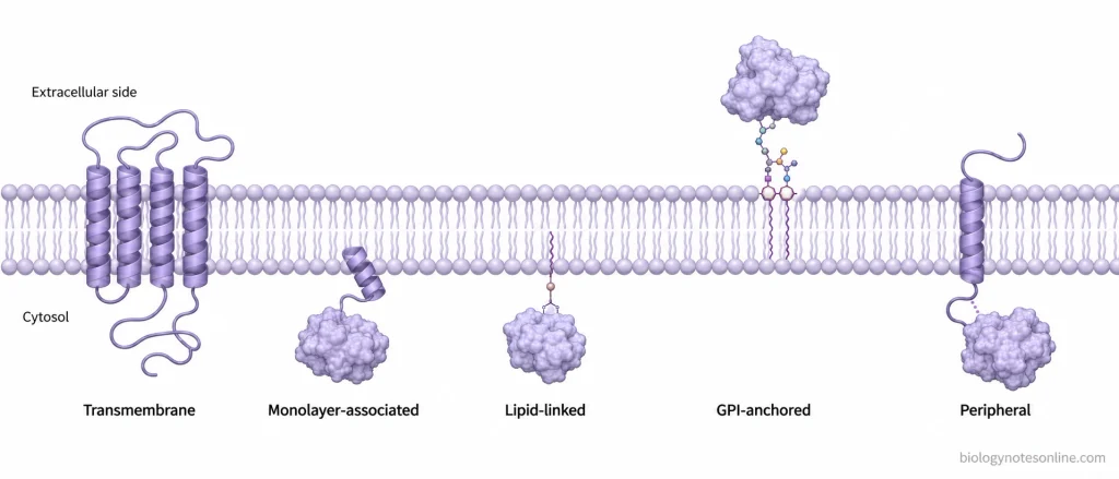 Cross-section of a lipid bilayer showing transmembrane, monolayer-associated, lipid-linked, GPI-anchored, and peripheral membrane proteins in their respective membrane positions.