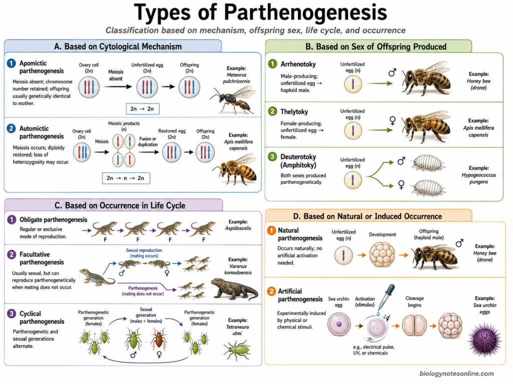 Parthenogenesis – Definition, Types, Mechanism, Examples and Significance 2 Diagram showing Natural and Artificial ParthenogenesisTypes of Parthenogenesis