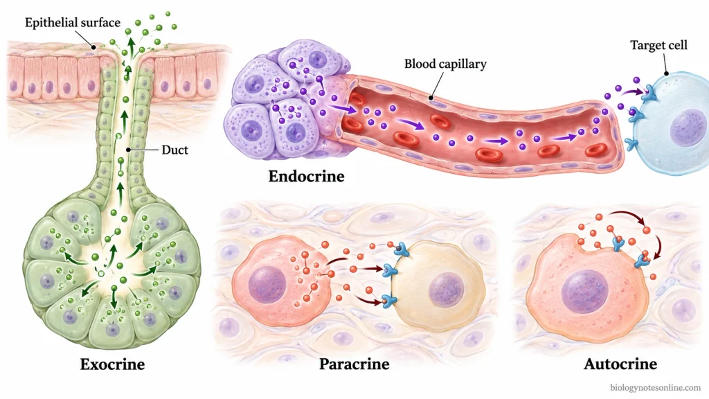 Comparison of exocrine secretion through ducts, endocrine hormone transport through blood, and local paracrine and autocrine signaling.