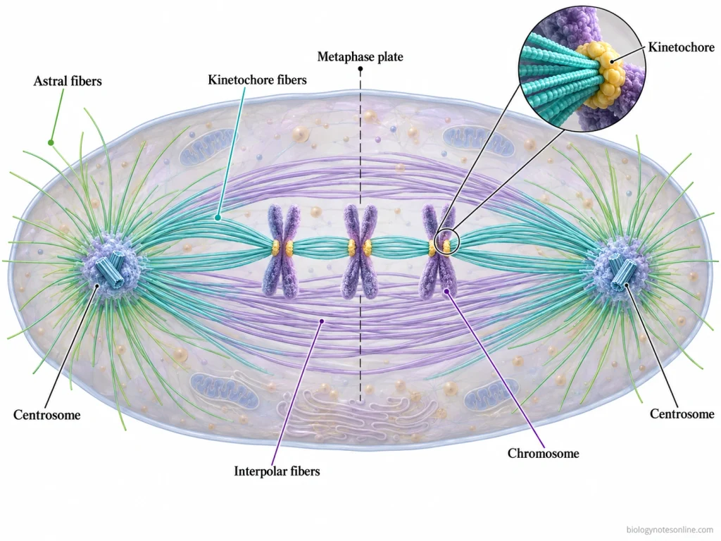Metaphase animal cell showing kinetochore fibers attached to chromosomes, overlapping interpolar fibers, and astral microtubules extending toward the cell cortex.
