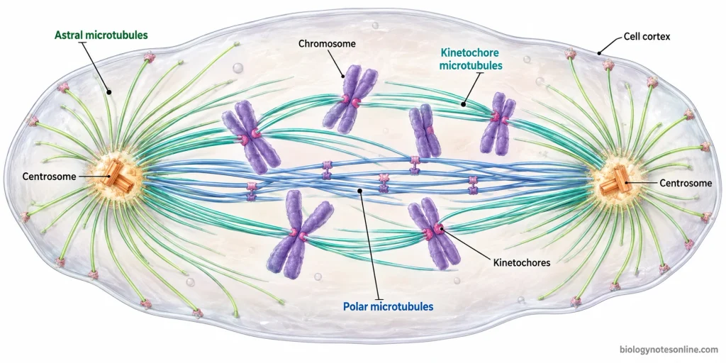 Animal cell showing kinetochore microtubules attached to chromosomes, overlapping polar microtubules and astral microtubules radiating toward the cell cortex.