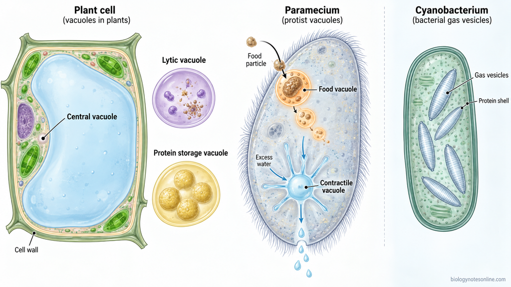Comparison of central, lytic, protein storage, food, and contractile vacuoles with bacterial gas vesicles shown as protein-shell buoyancy structures.