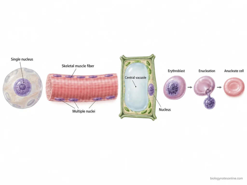 Comparison of a uninucleate cell, multinucleated skeletal muscle fiber, mature plant cell with a peripheral nucleus, and mammalian erythroblast losing its nucleus during enucleation.