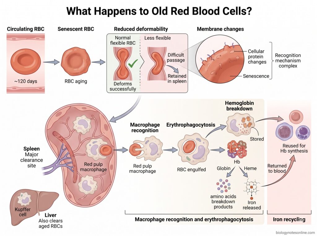 Red Blood Cells (RBCs): Definition, Structure, Functions, Formation and Life Cycle 8 Diagram showing What Happens to Old Red Blood Cells