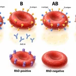 Four ABO blood groups showing A and B red-cell antigens, corresponding plasma antibodies, and a separate comparison of RhD-positive and RhD-negative cells.