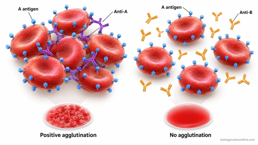 Red blood cells bearing A antigens forming aggregates with matching anti-A antibodies, compared with dispersed cells exposed to nonmatching anti-B antibodies.