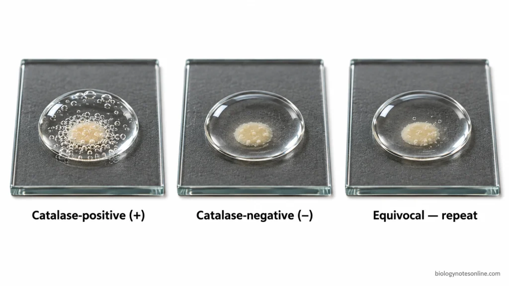 Three catalase test slides showing numerous bubbles in a positive reaction, no bubbles in a negative reaction, and a few faint bubbles in an equivocal reaction.