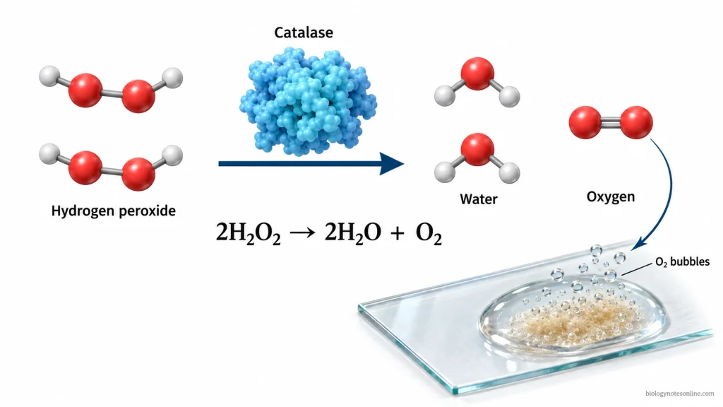 Catalase converts two hydrogen peroxide molecules into two water molecules and one oxygen molecule, with oxygen bubbles appearing around bacterial growth.
