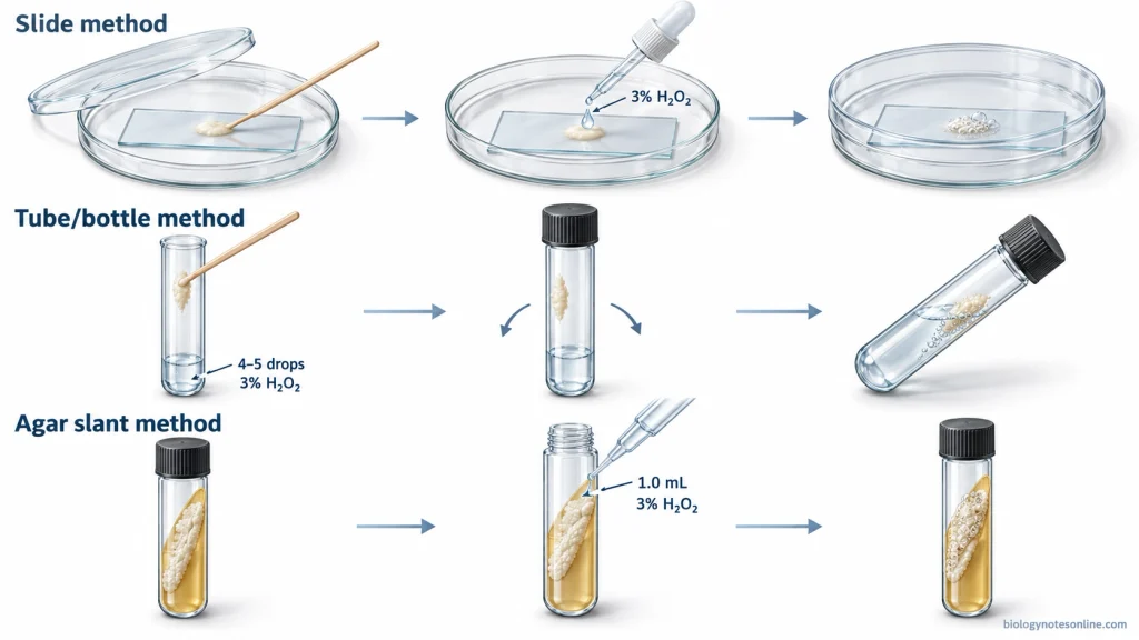 Laboratory workflow showing hydrogen peroxide added to bacterial growth by the slide, capped tube, and agar slant catalase test methods, followed by observation of bubbles.