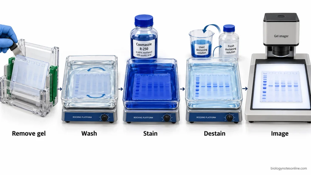 Sequential SDS-PAGE gel staining procedure showing gel removal, washing, Coomassie R-250 staining, destaining, and imaging of blue protein bands.