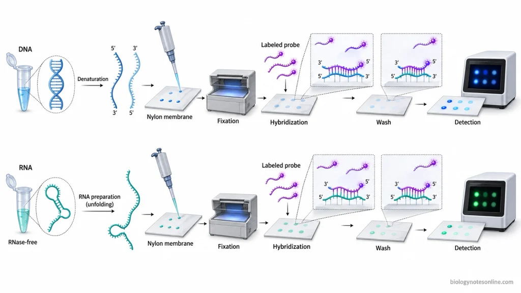 DNA and RNA dot blot workflows showing nucleic acid preparation, spotting and fixation on nylon membranes, labeled probe hybridization, washing, and detection.