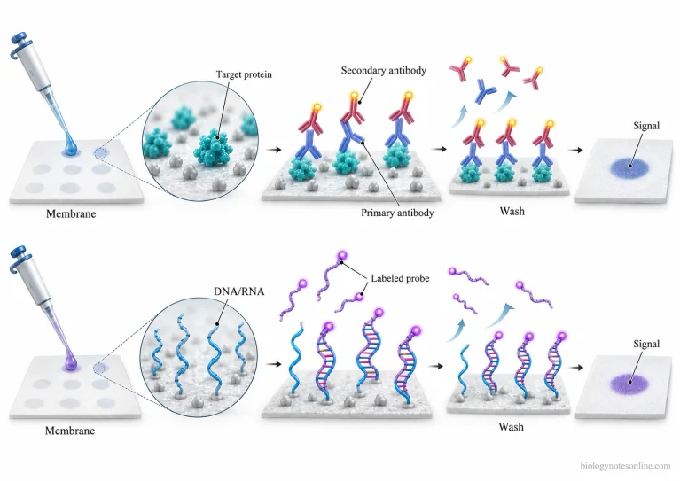 Two dot blot detection pathways showing antibodies binding immobilized proteins and complementary probes hybridizing with DNA or RNA on separate membranes.