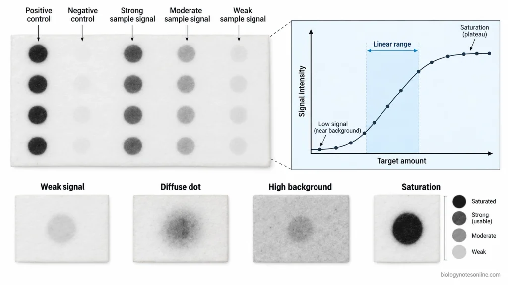 Illustrative dot blot membranes showing positive and negative controls, weak and diffuse dots, high background, saturation, and a schematic signal-response curve.