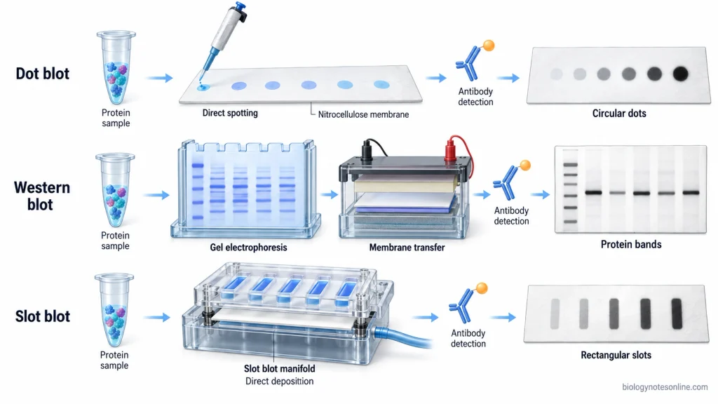 Comparison of dot blot and slot blot direct membrane spotting with Western blot gel electrophoresis and transfer, showing circular dots, rectangular slots, and protein bands.