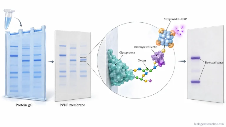 Protein separation and membrane transfer followed by biotinylated lectin binding to glycan-modified proteins and streptavidin-based signal detection.