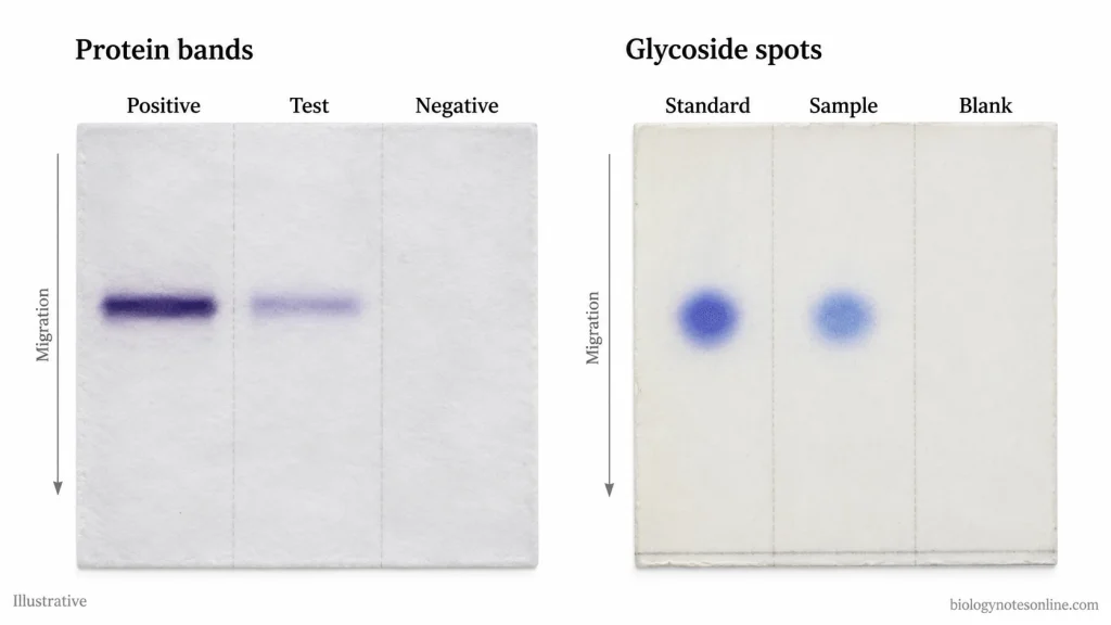 Schematic eastern blotting results comparing positive, weak, and negative protein-band signals with standard, sample, and blank TLC glycoside spots.