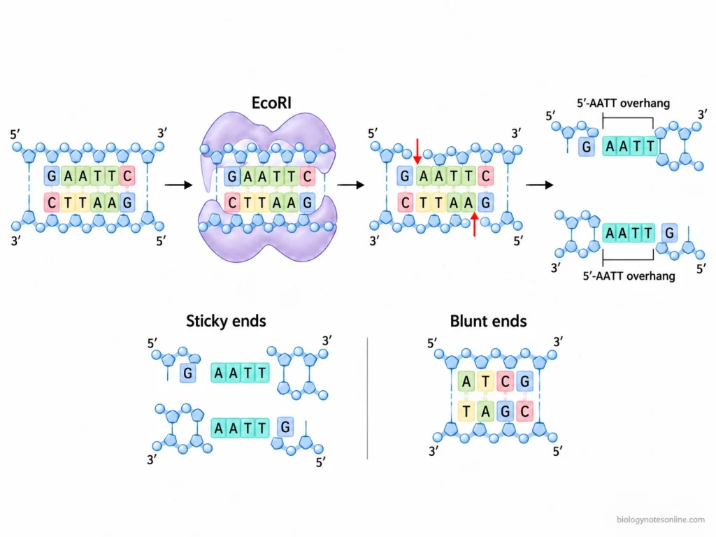 EcoRI cleaves the GAATTC DNA recognition site to produce 5′-AATT sticky ends, compared with straight-cut blunt DNA ends.