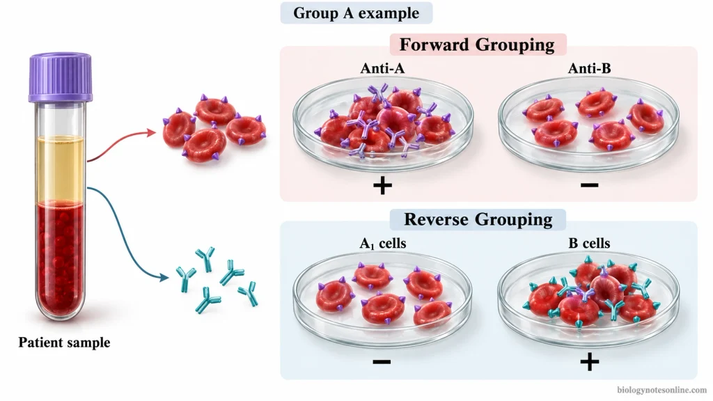 Comparison of forward and reverse ABO blood grouping using a group A sample, showing patient red cell reactions with antisera and serum reactions with known A₁ and B cells.