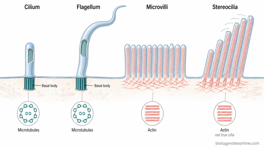 Comparison of a microtubule-based cilium and eukaryotic flagellum with actin-based microvilli and stereocilia, showing their different cytoskeletal cores and basal attachments.