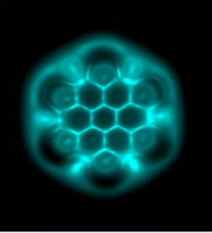 Atomic force microscope pictures/atomic force microscope images – Bond Order Discrimination_17, A hexabenzocoronene molecule (diameter: 1.4 nanometers) imaged by noncontact atomic force microscopy using a microscope tip terminated with a single carbon monoxide molecule. The carbon-carbon bonds in the imaged molecule appear with different contrast and apparent lengths. Based on these disparities, the bond orders and lengths of the individual bonds can be distinguished. Image: Leo Gross, IBM Research – Zurich
