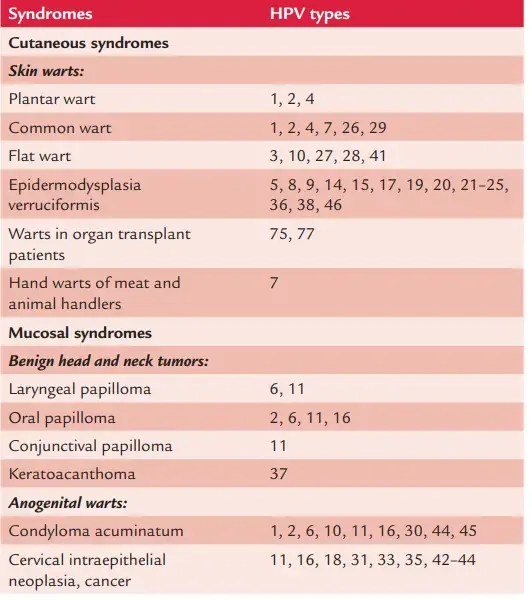 Clinical syndromes associated with HPV
