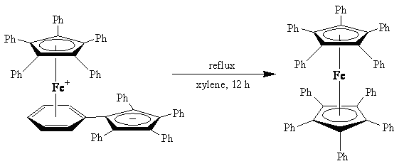 The diagram shows an isomerisation reaction, the conversion of the zwitterionic linkage isomer of decaphenylferrocene to decaphenylferrocene. The reaction is discussed in Chem. Commun. (1990) 408 and Aust. J. Chem. (1995) v48 p851.