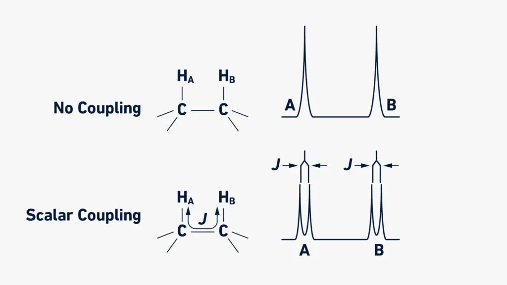 Example of a scalar coupling. NMR signals from HA and HB emerge as simple peaks when there is no scalar coupling (top). The signals will divide if the two neighboring protons HA and HB exhibit scalar coupling with a constant J (bottom). Because both protons HA and HB are associated with one proton bound to a contiguous carbon nucleus, each proton signal will split into two signals, generating a doublet, with the split distance equal to the coupling constant, J.