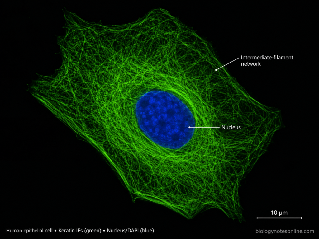 Intermediate Filaments - Definition, Structure, Function 1 Fluorescence microscopy showing a keratin intermediate-filament network extending through an epithelial cell around the stained nucleus.